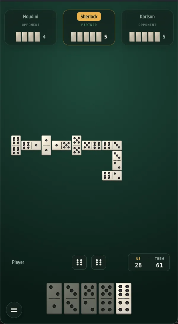 A hand of dominoes with the playable ones lit and the rest dimmed